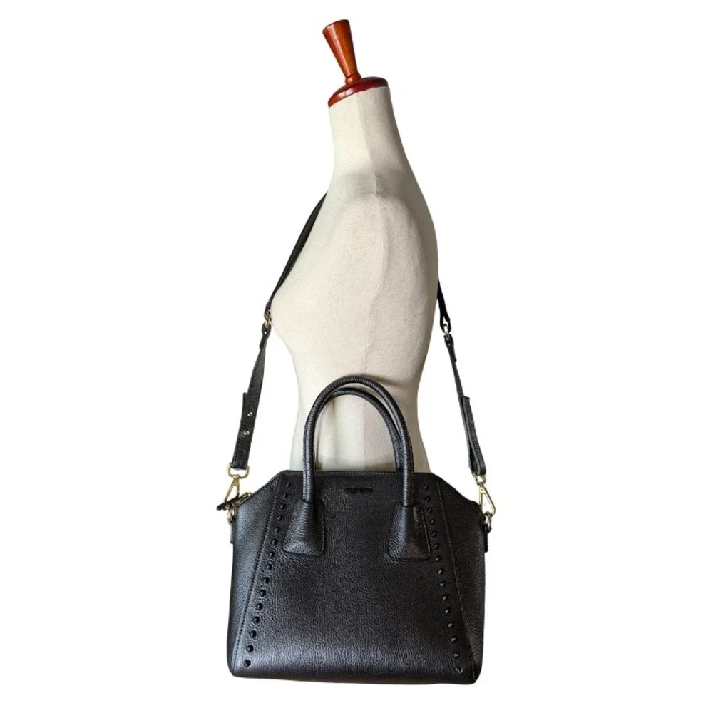 Mario Valentino Black Pebble Leather Studded Satchel Crossbody Bag Made in Italy